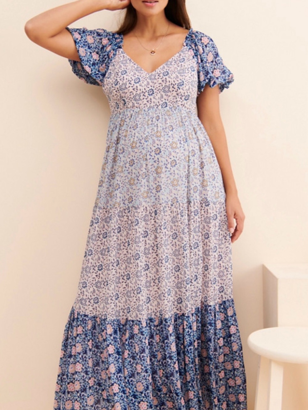 Yumi Kim Blue and Pink Patchwork Floral Maxi Dress